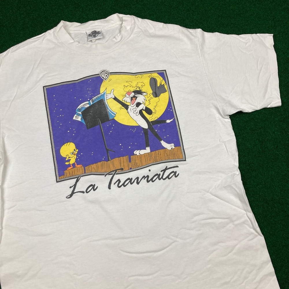 Vintage Looney Tunes Shirt Mens‎ L White 1991 Tweety Sylvester La Traviata 90s
